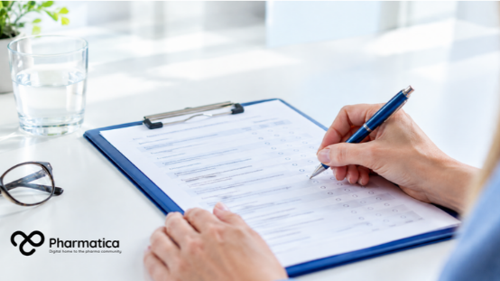 Pharmatica image of patient questionnaire and clinical research documents illustrating quality-of-life measurement in metastatic breast cancer trials.