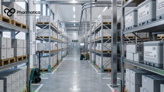 Pharmatica image showing a modern, automated pharmaceutical warehouse with temperature-controlled cold storage racks, organized inventory boxes, and floor navigation markings.