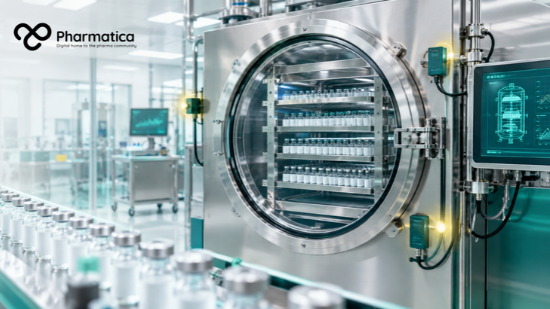 Pharmatica image of pharmaceutical freeze-drying technology showing a modern lyophilisation system with controlled process monitoring and digital manufacturing elements.