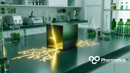 Pharmatica minimalist pharmaceutical laboratory bench featuring a central, polished black glass cube glowing with internal digital and molecular patterns, representing the black-box problem in AI-driven drug discovery.
