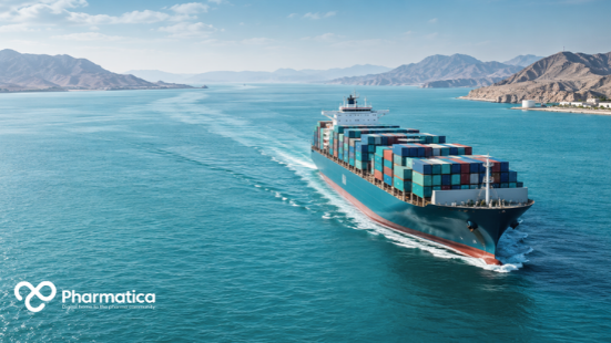 Pharmatica image of a container ship navigating a strategic maritime route, illustrating geopolitical risks to pharmaceutical supply chains.