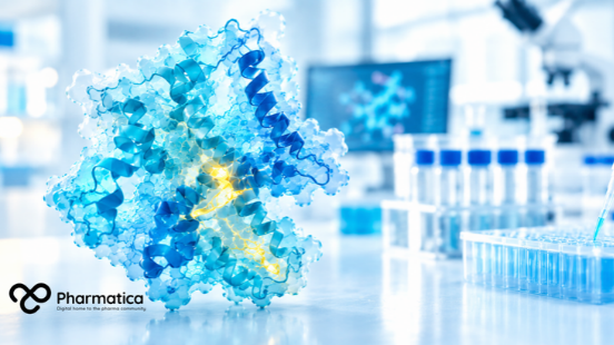 Pharmatica image of a photorealistic blue protein structure with a subtle yellow highlight representing AI-designed protein watermarking and biological provenance.