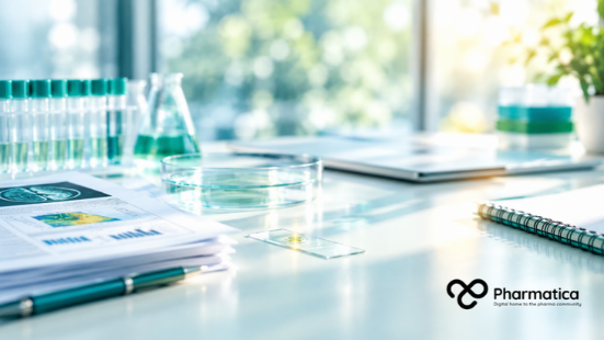 Pharmatica image of scientific papers, a glass slide, and laboratory glassware on a bright research desk, representing evidence review for Parkinson&rsquo;s drug target prioritisation.