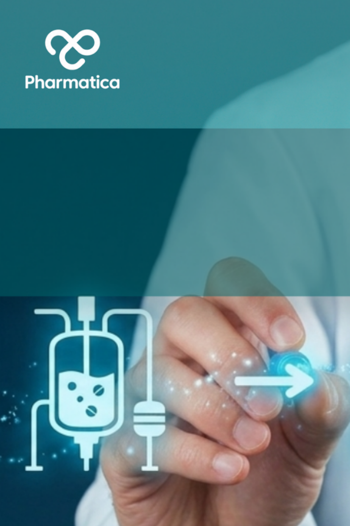 A scientist in a white lab coat and blue tie holds a digital stylus, interacting with a glowing teal infographic flow. This depicts AI in pharmaceutical supply chains using three glowing icons connected by arrows: a molecular structure with a downward arrow, a chemical processing/bioreactor tank, and a hospital or clinic building labeled "CLINIC" with a medical cross. A dark blue band stretches across the upper portion of the image, featuring the white "Pharmatica" infinity-loop logo and bran
