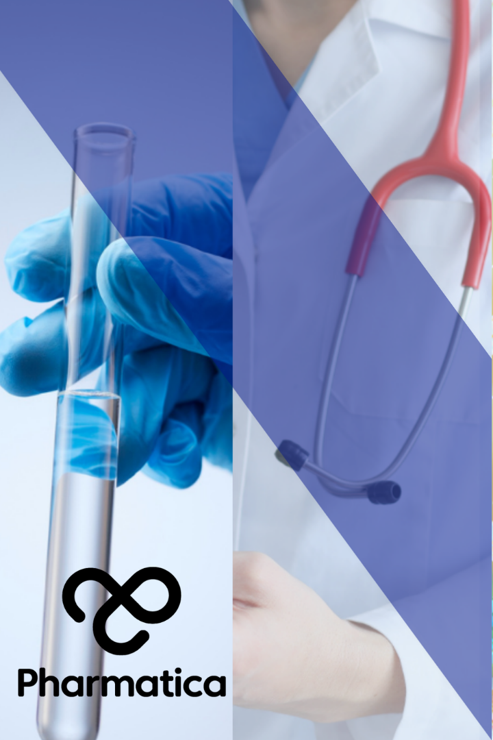 A split-screen graphic contrasting laboratory and clinical environments, demonstrating preclinical vs clinical research. The left side shows a gloved hand holding a test tube with liquid, while the right side shows a healthcare professional in a white lab coat with a red stethoscope holding a clipboard. Geometric blue overlays connect the two scenes, and the black Pharmatica logo is in the bottom right corner.