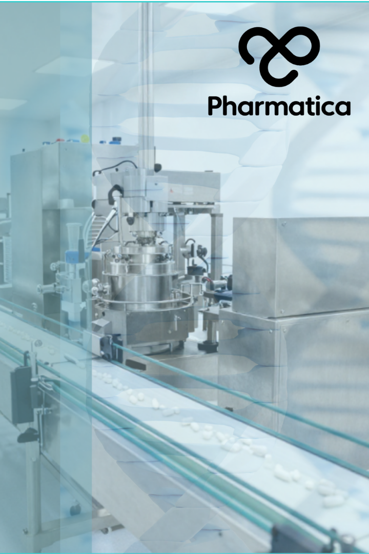 High-quality image of automated machinery for continuous pharmaceutical manufacturing with Pharmatica branding.