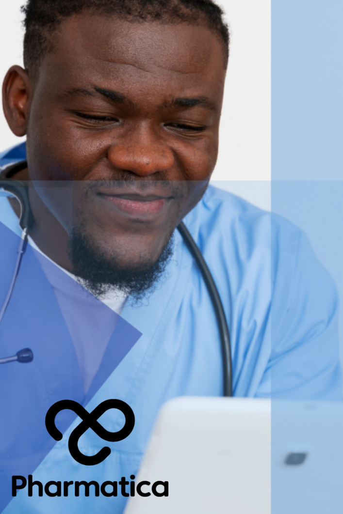 The headline image for the article on Decentralised Clinical Trials shows a smiling Black male healthcare professional wearing blue scrubs and a stethoscope around his neck, looking down at a tablet computer. The image is overlaid with semi-transparent, modern geometric shapes in shades of blue and purple. In the bottom right corner, the "Pharmatica" logo&mdash;a black infinity-style symbol resembling a stylized infinity sign or intertwined loops&mdash;is visible above the brand name.