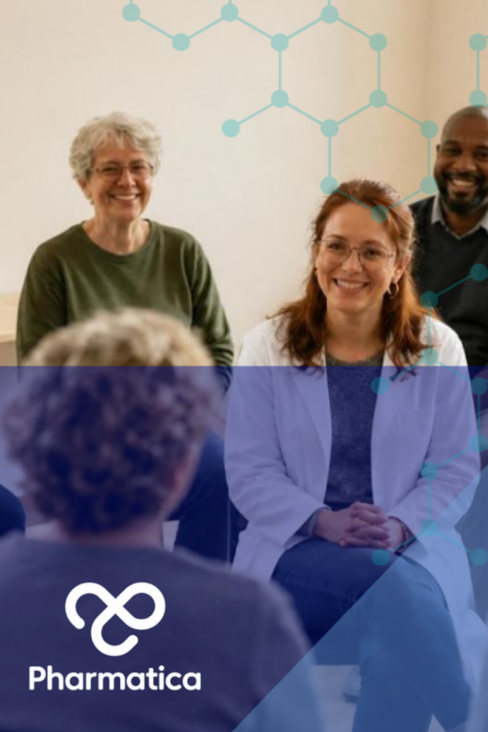 A graphic banner for "Pharmatica" on DCT and Patient Diversity displaying a healthcare clinical trial theme.  Left & Center: A realistic photo of an older Black woman sitting in a medical office, smiling and conversing with a female healthcare provider who is wearing a white lab coat and stethoscope.