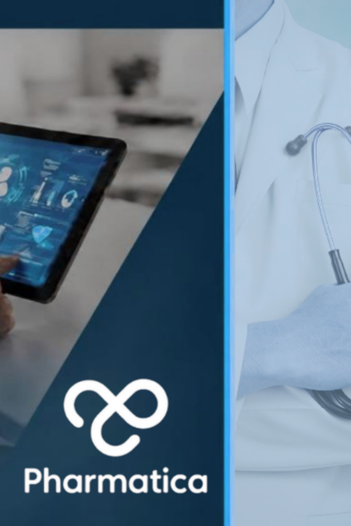 A healthcare clinician reviewing data on a tablet next to a doctor graphic, representing decentralised clinical trials pharma strategy.