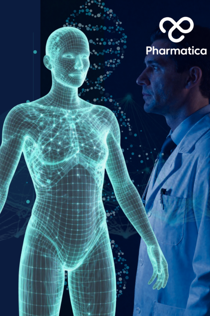 A collage featuring a 3D wireframe of a human body alongside a scientist in a lab coat looking at a digital DNA strand, with the Pharmatica logo in the top right. This represents 'Digital Twins in Clinical Trials'.