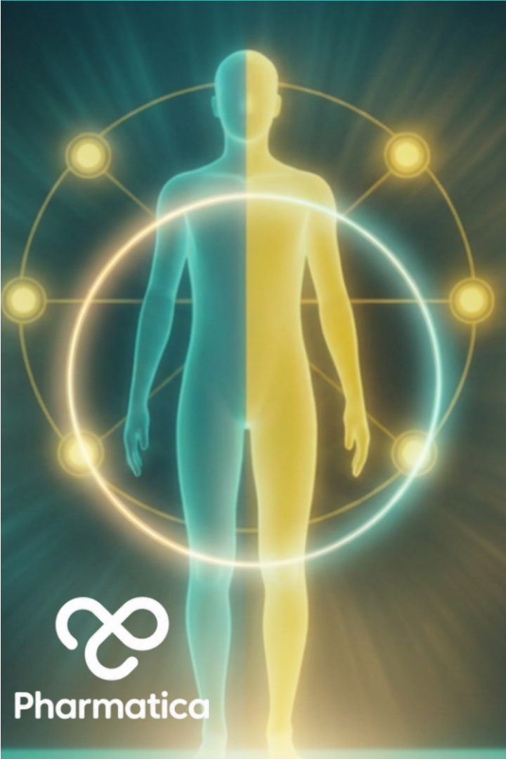 Biomarkers biological age illustration showing a human silhouette, DNA strands and AI-powered health analysis representing precision medicine and longevity research.