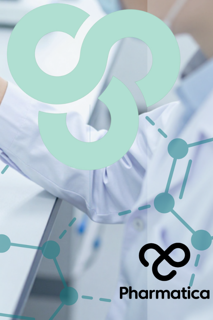 Pharmatica branded pharmaceutical research image featuring a laboratory scientist using a pipette, overlaid with molecular network graphics representing drug discovery, pharmaceutical R&D, and scientific innovation from integrated DMTA cycles.