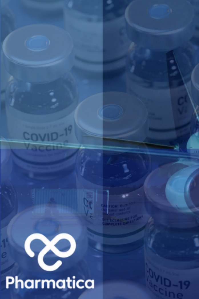 Precision Logistics in Pharma is displayed by a collage featuring COVID-19 vaccine vials and a cargo airplane being loaded at night, overlaid with blue tints, molecular structures, and the Pharmatica logo.