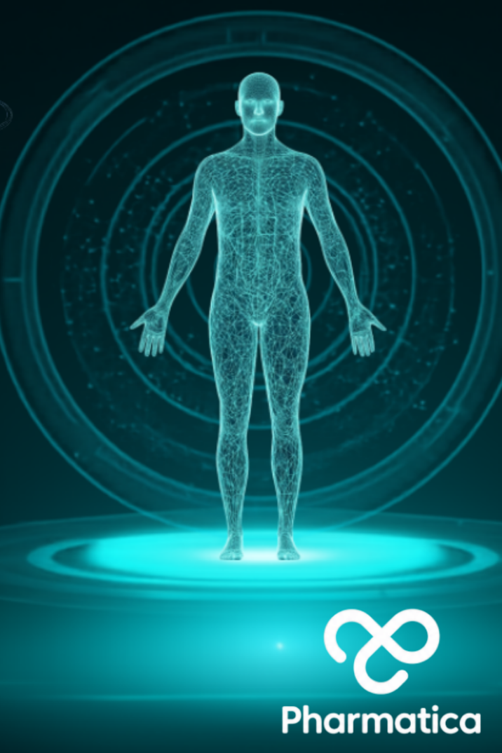 Digital human body visualisation representing Midjourney Medical, showcasing AI-powered whole-body imaging, preventative healthcare technology, advanced medical scanning, and personalised health intelligence.