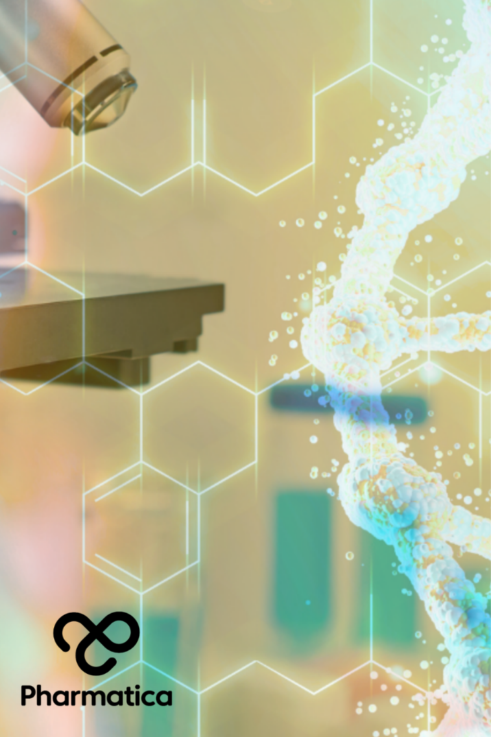 A horizontal, high-tech graphic split into two distinct visual halves, representing pharmaceutical research for the brand Pharmatica.  On the left side, a modern laboratory microscope is shown in sharp focus under cool blue and bright white lighting, with hints of red lens flare on the stage. A cluster of blurred glass test tubes sits in the foreground. In the top-left corner, the black logo for "Pharmatica" is visible, featuring an abstract infinity-shaped symbol resembling interlocking loops.  The right s