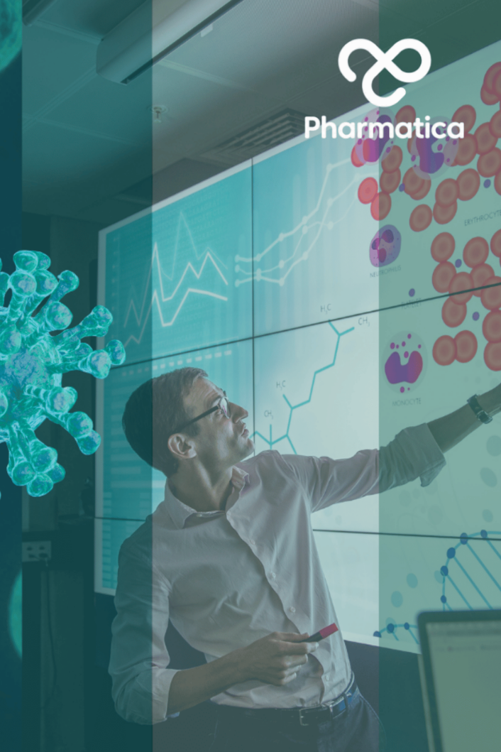 A collage featuring a scientist pointing at a large digital screen of medical data, overlaid with green-tinted microscopic cells, a virus particle, and the Pharmatica logo.