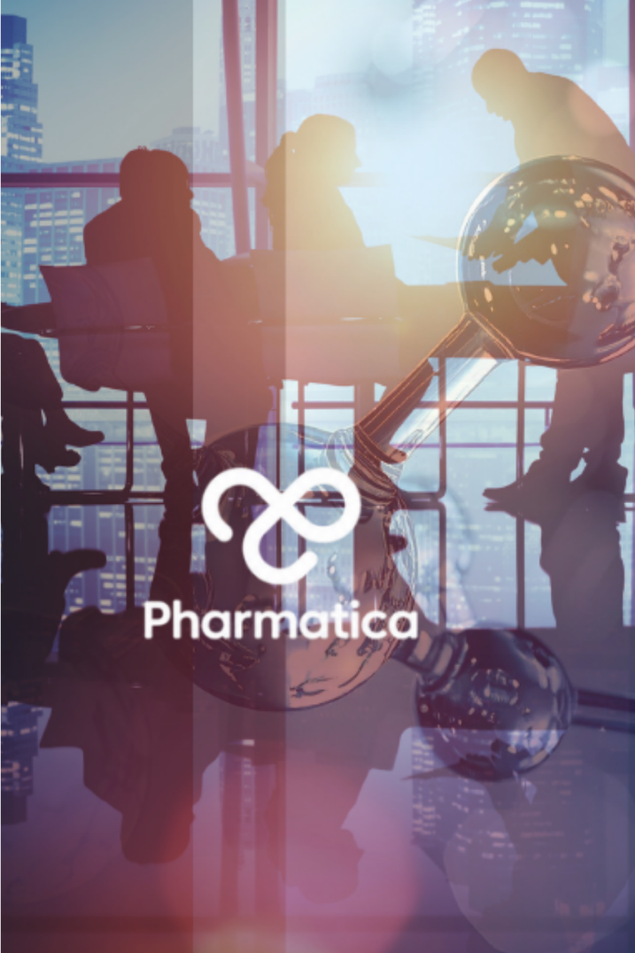 Strategic pharma intelligence concept featuring Pharmatica branding, molecular structures, global business leaders in discussion, and pharmaceutical innovation imagery, representing data-driven decision-making, industry analysis, and executive strategy in the life sciences sector.