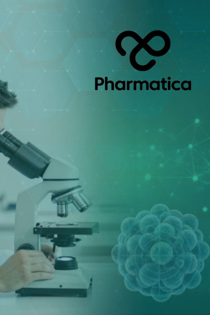 A graphic banner for "Pharmatica" displaying a dual-themed medical and technology concept. Left: A close-up profile photo of a male researcher in a white lab coat looking into a microscope. Center & Right: A dark teal overlay featuring an illuminated, green interconnected digital network grid and a faint cellular or molecular cluster illustration at the bottom center. The white "Pharmatica" infinity-loop logo and company name is on the bottom right.