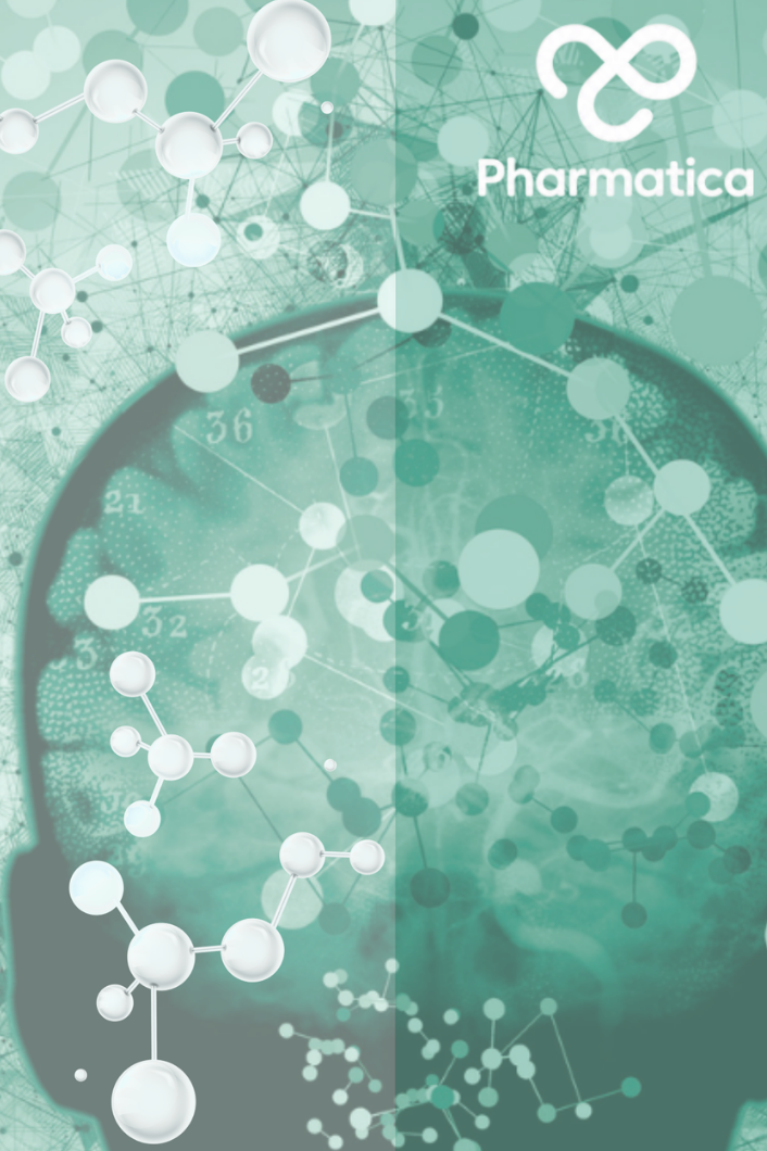 The image to represent Innovation in Drug Discovery in Psychiatry features an abstract scientific graphic on a light green background with a translucent silhouette of a human head and brain map. Complex network nodes and chemical molecular patterns overlay the image, with a lab pipette and beaker on the left and the white Pharmatica logo in the top right corner.