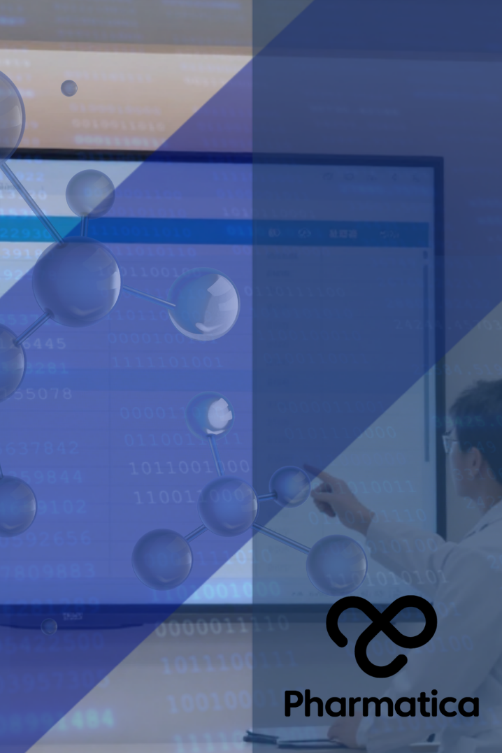 A digital graphic banner for "Pharmatica" with a corporate and scientific theme. In the background, a person wearing a white lab coat points toward a large digital smartboard displaying complex data spreadsheets, numbers, and binary code. The entire image is layered with geometric blue overlays, faint columns of alphanumeric characters, and a prominent 3D rendering of a blue molecular structure on the left side. In the bottom right corner is the white and black "Pharmatica" loop logo and name.