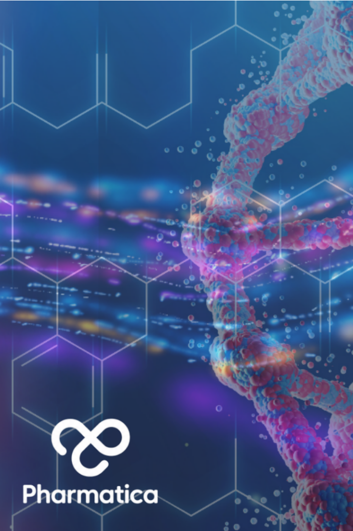 Abstract digital graphic representing Pharma Superintelligence, featuring a glowing 3D DNA double helix structure overlayed with hexagonal molecular grids, shimmering data waves in purple and orange, and the Pharmatica logo centered on a dark blue background.
