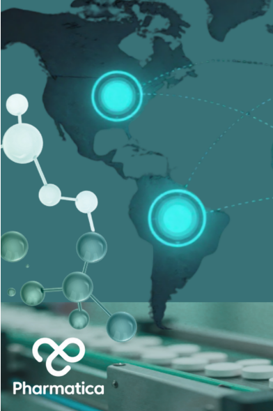 Graphic featuring a dark teal world map with glowing teal network nodes connected by dotted lines across various continents. The bottom portion shows white pills moving along a factory conveyor belt, with a translucent molecular structure on the left and the white "Pharmatica" logo in the bottom right corner.