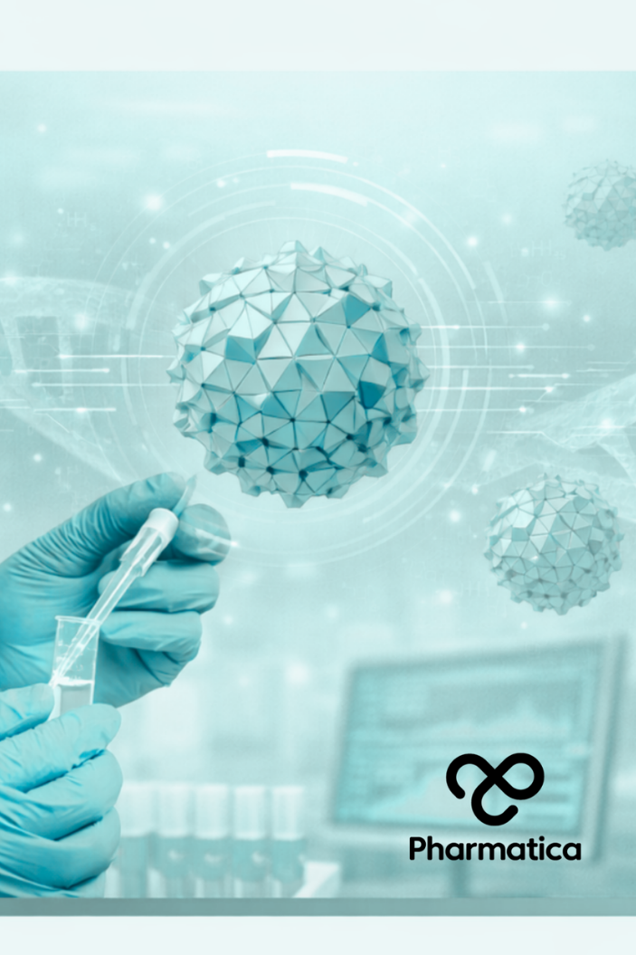 Scientist&rsquo;s gloved hands handling a vial and pipette in a bright laboratory with a glowing DNA helix and AAV capsid, representing advanced AAV vector manufacturing and gene therapy process development.