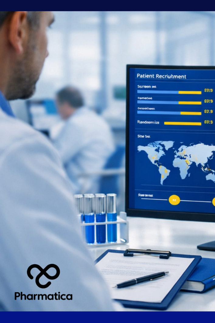 Pharmatica representation of deep learning in clinical trials, especially AI‑driven patient recruitment in clinical trials with a realistic laboratory setting and data visualisations, global site maps, and trial analytics dashboards illustrating machine learning in clinical trials, patient recruitment AI, and adaptive trial design AI.
