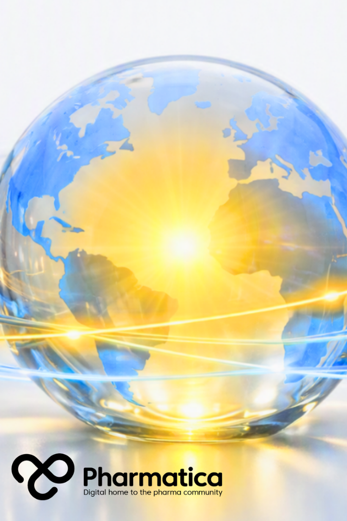 Pharmatica image of a glass globe illuminated from within by bright yellow light, surrounded by blue data lines, symbolising AI bringing light, intelligence, and innovation to global healthcare through the Anthropic and Gates Foundation Partnership.
