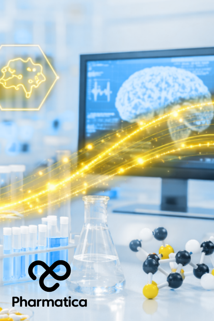 Pharmatica&rsquo;s AI in neuroscience graphical concept showing a digital brain connected to pharmaceutical research, precision psychiatry, biomarkers, and advanced artificial intelligence technologies.