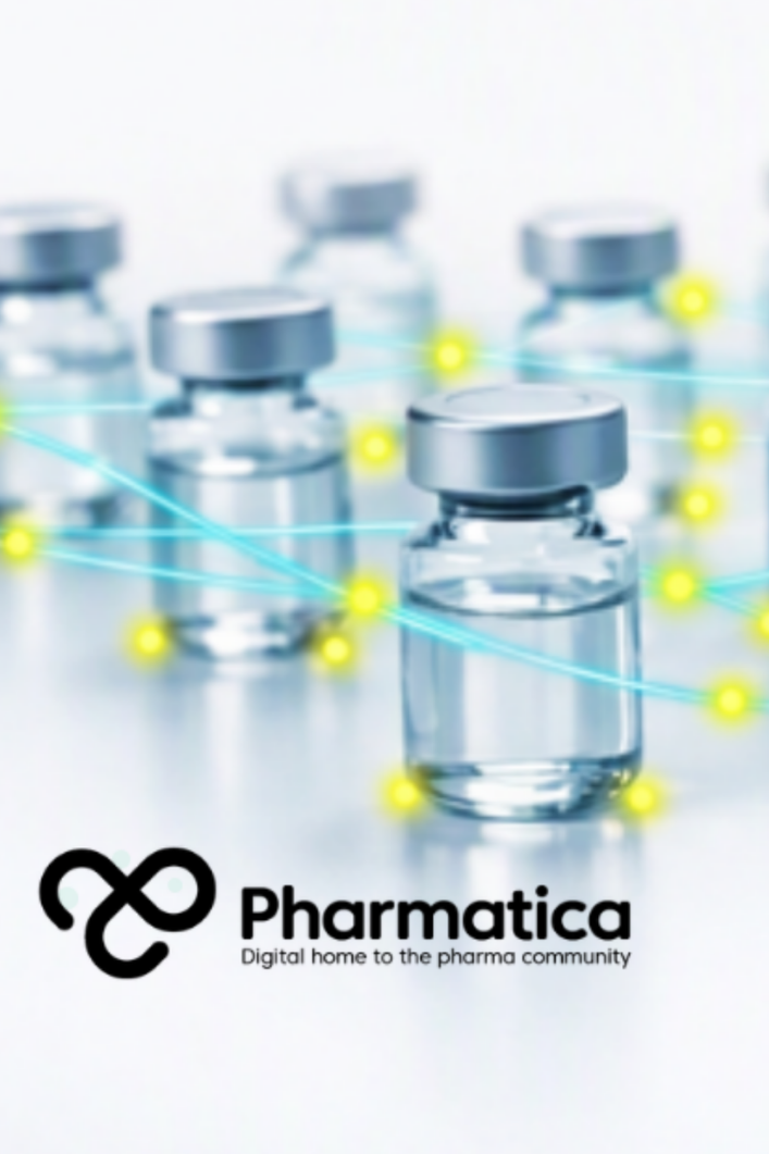 Pharmatica image representing AI and machine learning in sterile pharmaceutical manufacturing. The image shows precision glass ampoules with a digital data mesh overlay, symbolising AI-driven quality and contamination detection.