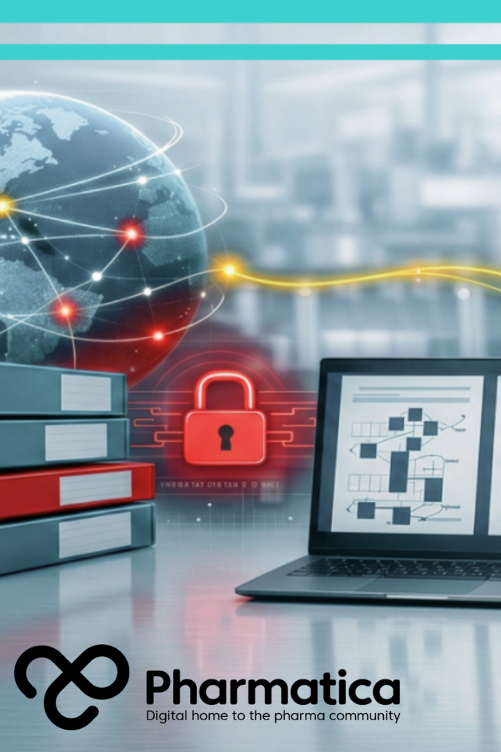 Pharmatica photo‑realistic representation of CMC regulatory submissions showing global data networks, secure digital dossier exchange, and pharmaceutical manufacturing integration &mdash; document binders, connected globe, red padlock cybersecurity icon, and industrial equipment with red‑capped vials illustrate digital CMC submissions, regulatory reliance, and manufacturing quality.