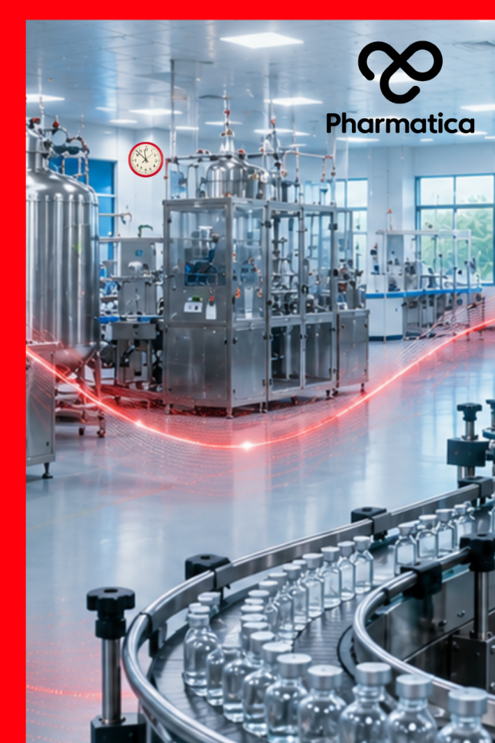 Modern pharmaceutical manufacturing facility with stainless steel equipment, automated vial conveyor, and red digital data wave overlay symbolising FDA regulatory oversight and digital quality systems.