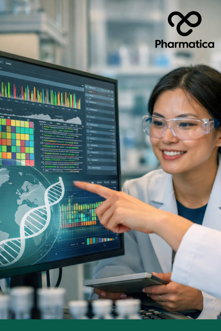 Scientists analysing diverse genomic datasets to support genomic equity, AI-driven drug discovery, and precision medicine in pharmaceutical research.