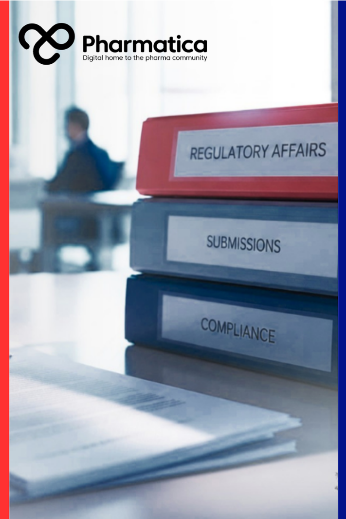 Pharmatica image of a modern pharmaceutical regulatory affairs workspace representing documentation, compliance, and submission processes essential for FDA drug approval. The scene shows three binders labeled &ldquo;Regulatory Affairs,&rdquo; &ldquo;Submissions,&rdquo; and &ldquo;Compliance&rdquo; on a clean office desk with documents and a pen in the foreground, while a blurred meeting of professionals is visible through a glass wall in the background. The composition conveys administrative precision and regulatory science underpinning.