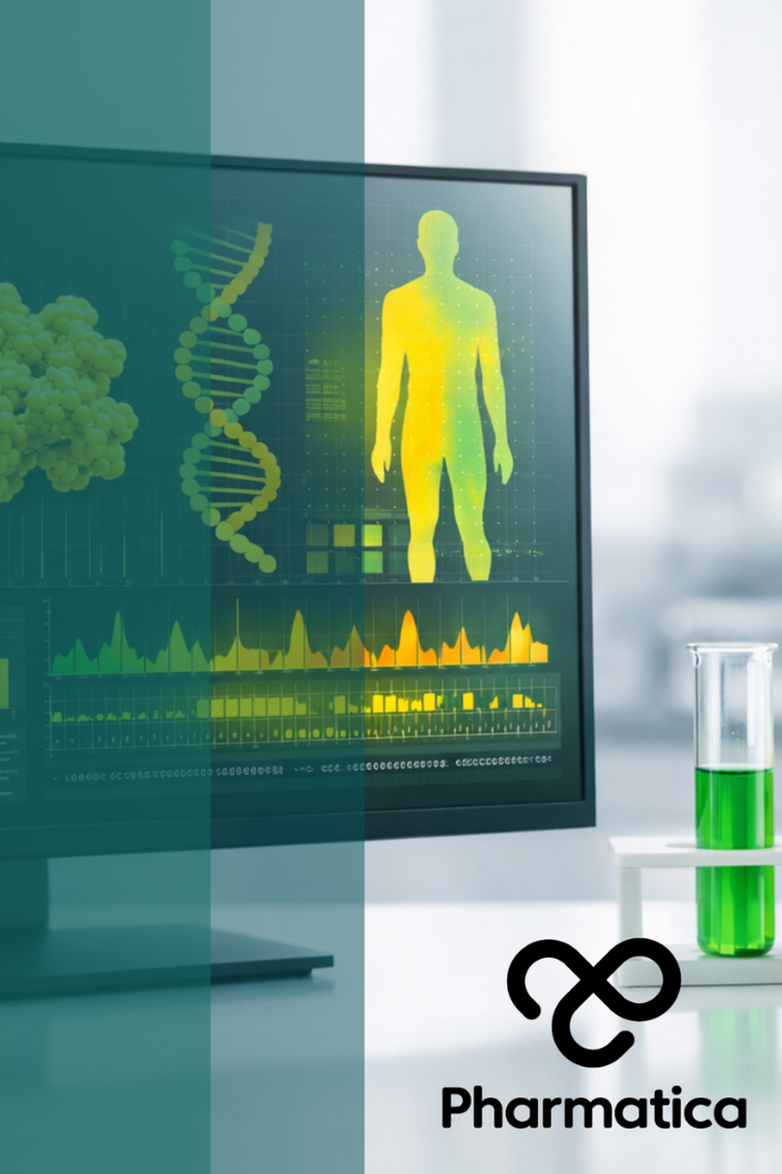 High‑resolution laboratory data visualisation screen showing molecular structures, DNA helix, and genomic charts in green and sunshine yellow against a clean white background, symbolising precision medicine and advanced drug discovery.