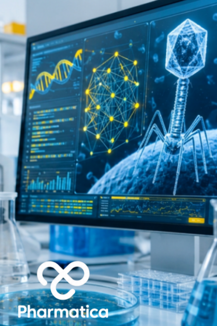Pharmatica image of AI-designed bacteriophage research in a biotech laboratory showing genome analysis, AI genome design, and phage development.