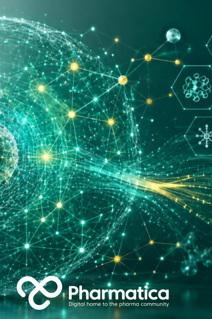 Pharmatica image of an AI-driven digital organism concept showing a realistic human cell connected to computational data pathways for virtual biology and drug discovery.