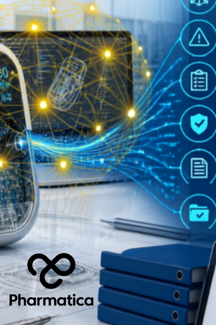 Pharmatica image of regulated AI connecting medical device software development, validation, traceability, and regulatory compliance.