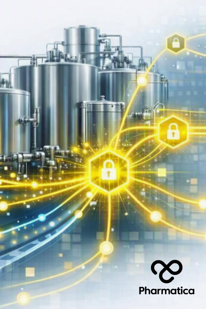 Pharmatica image of a realistic pharmaceutical manufacturing environment featuring interconnected stainless‑steel bioreactors and tanks linked by glowing yellow blockchain data pathways and hexagonal nodes with padlock icons, symbolising secure data integrity, traceability, and AI‑driven innovation in pharma manufacturing.