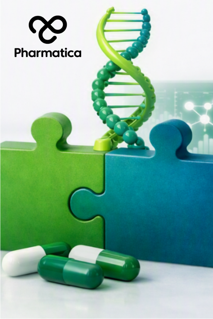 Pharmatica realistic representation of collaboration in drug discovery showing interlocking green and blue puzzle pieces with a DNA helix emerging from their center, capsules in front, a glowing molecular data screen behind, and a 3D molecular model to the right on a bright white background.