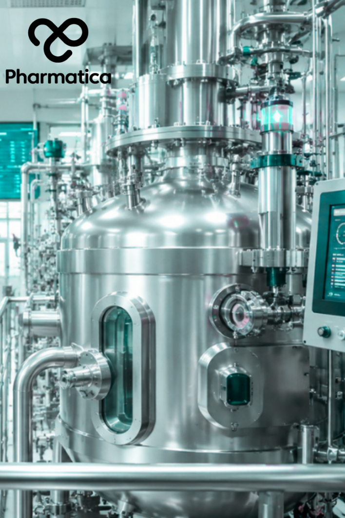 Pharmatica photorealistic image of a modern pharmaceutical manufacturing facility with stainless steel production equipment and digital quality monitoring systems supporting continuous improvement. 