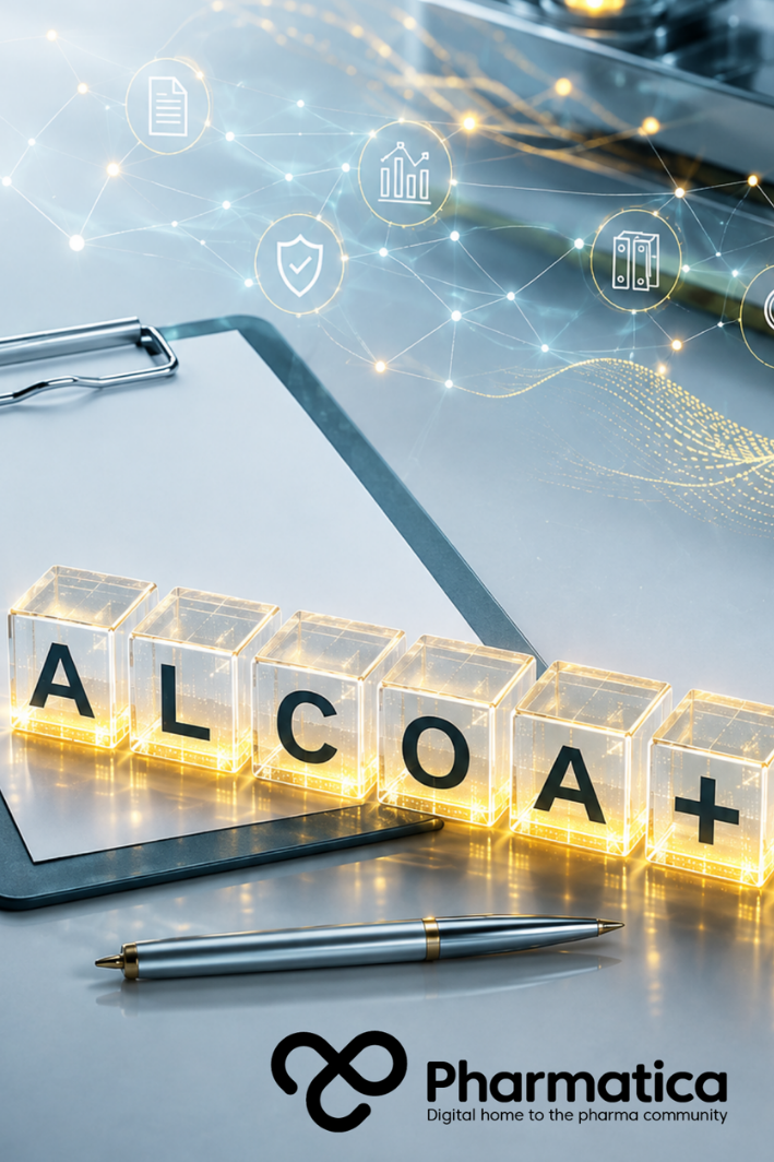 Pharmatica image representing ALCOA+ data integrity principles for pharmaceutical manufacturing and life sciences documentation, shown with glowing data connections.