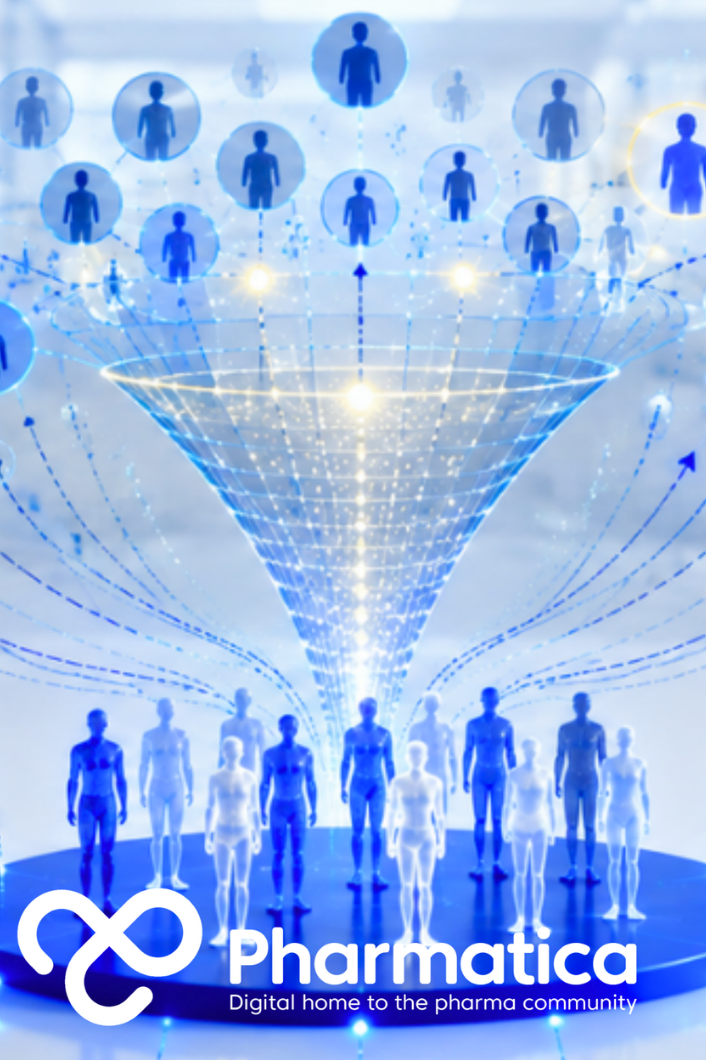 Pharmatica image representing enriched clinical trial design showing selected patient cohorts, clinical research data, and connected trial pathways.