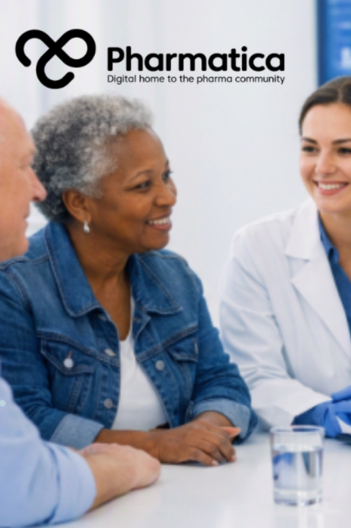 Pharmatica image representing public and patient involvement in clinical trials. Shows a diverse group of clinical trial participants and researchers engaged in collaborative discussion around a bright white table in a modern research environment. A female doctor in a white lab coat leads the conversation, surrounded by older and younger participants of different ethnic backgrounds. Digital screens in the background display molecular structures and clinical data in blue tones, symbolising transparency.