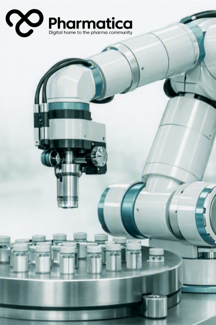 Pharmatica image for robotics in pharmaceutical manufacturing showing automated GMP equipment, sensors, and connected manufacturing data in a clean production environment.