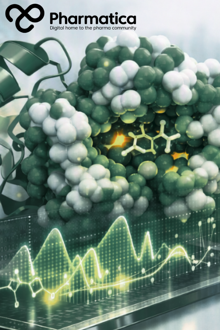 Pharmatica image for q-CAR drug discovery showing dynamic protein conformations, ligand binding, and AI-driven molecular analysis.
