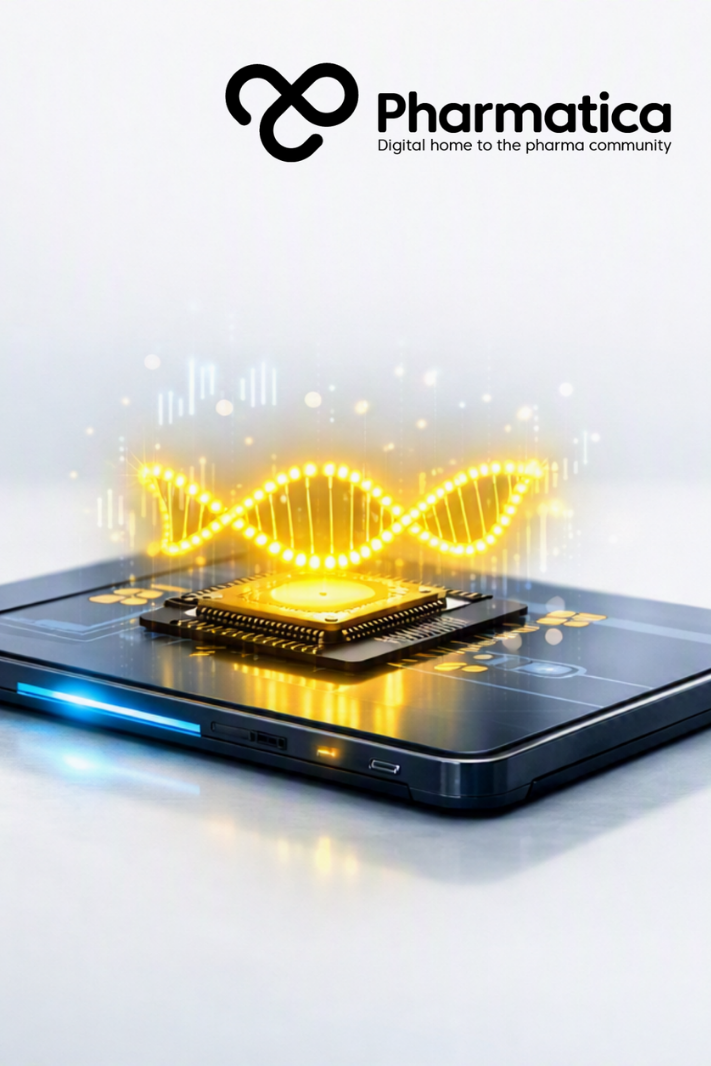 Realistic Pharmatica image of an RNA biosensor device with glowing yellow RNA helix on microchip, symbolising advanced molecular diagnostics, AI‑powered diabetes monitoring, and precision digital healthcare.