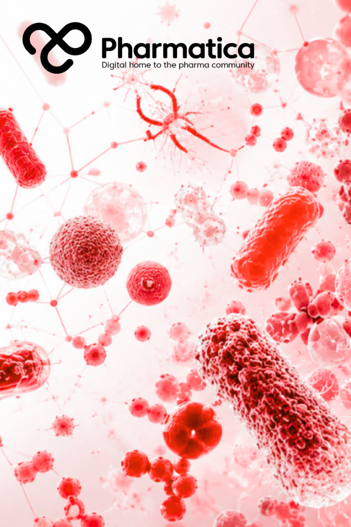 Pharmatica image of abstract red microbial imagery on a soft white background, representing microbiome-based medicinal product UK regulation.