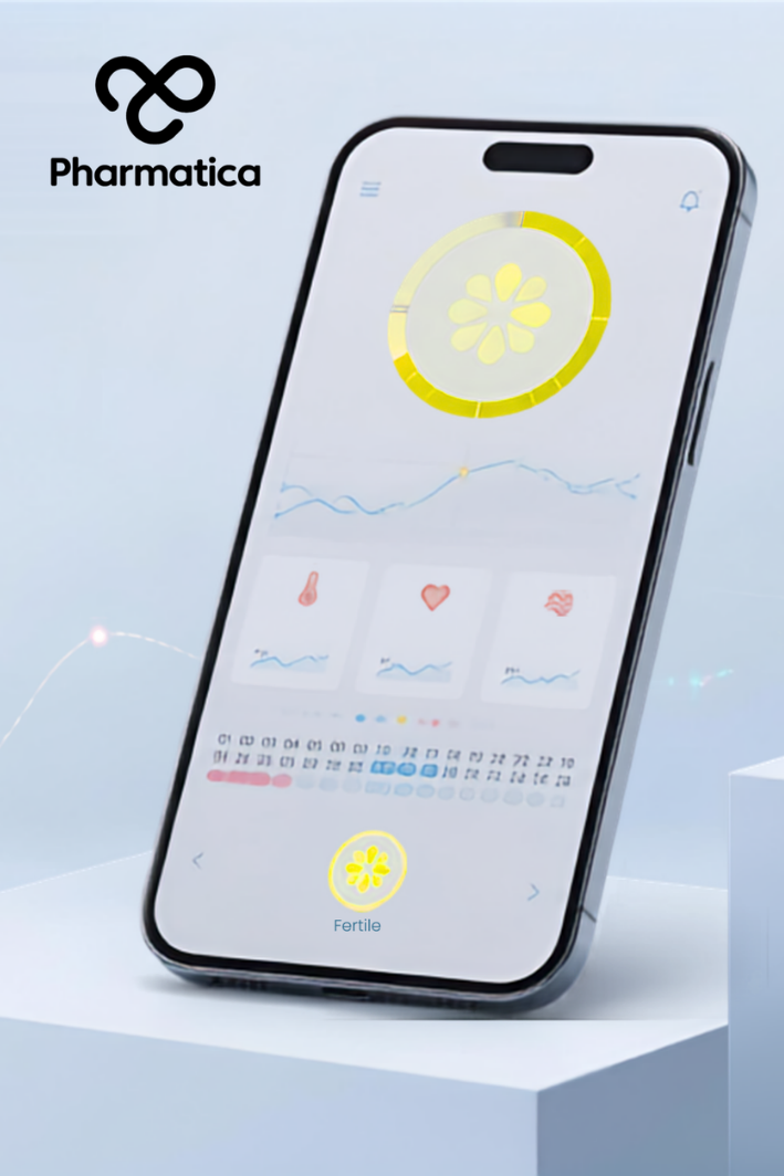 Pharmatica image that represents a WHOOP wearable and Natural Cycles smartphone app, illustrating wearable health data, women's health monitoring, and digital health technology.